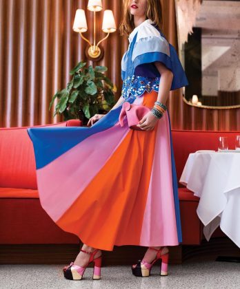 Peter Pilotto panel skirt ($995), top ($1,690), Saint Laurent platform sandals ($995), Saks Fifth Avenue, Palm Beach; Loewe leather elephant bag ($1,290), Neiman Marcus, Palm Beach; Mark Davis embellished bakelite bangles ($1,500 - $4,100), Betteridge, Palm Beach.