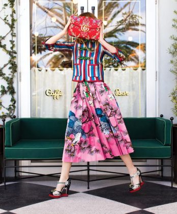 Jacquard jacket ($6,500), Cosmic Eagle skirt ($3,800), silk jacquard shirt ($1,100), metelasse floral jacquard handbag ($1,790), sandals with jeweled scarab ($1,695), Gucci, Palm Beach