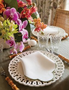 Curated details from the Aerin Villa Jasmine reflect Lauder’s style, tablescape, photo by Brantley Photo