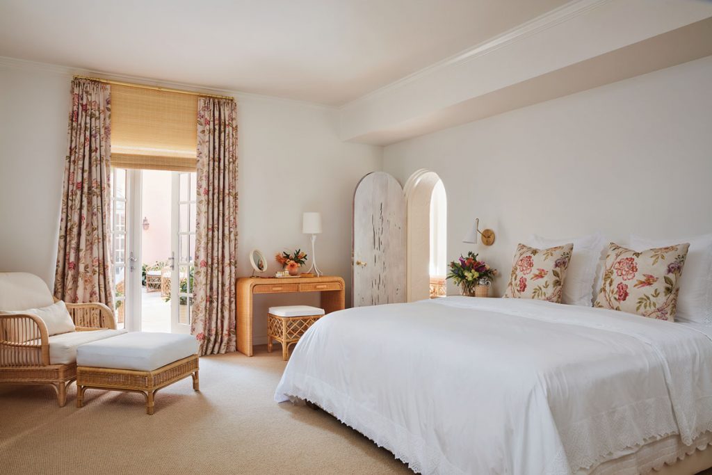 Each room in the two-bedroom Aerin Villa Jasmine features sea-inspired decor, numerous historical details, and products from the Aerin collection, bedroom, photo by Brantley Photo