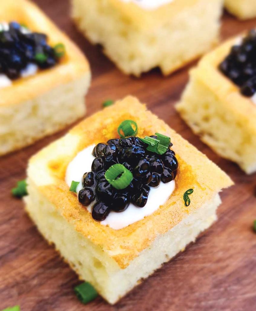 The Obers recommend serving caviar—their current favorite is Haute Caviar Company—on savory waffle squares atop a dollop of crème fraîche