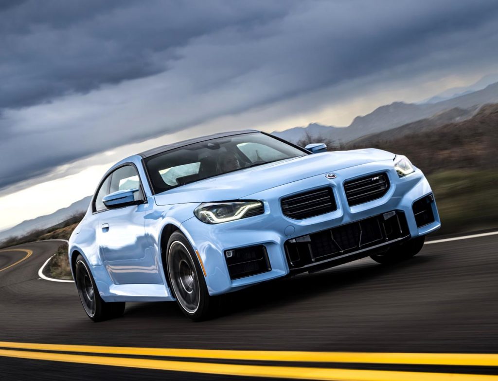 BMW M2 in Zandvoort Blue, driving, front