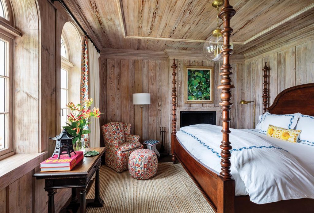 Materials such as pecky cypress and terra- cotta tiles are complemented by plush fabrics, updated prints, patterns, textures, and rich colors. Photo by Nickolas Sargent