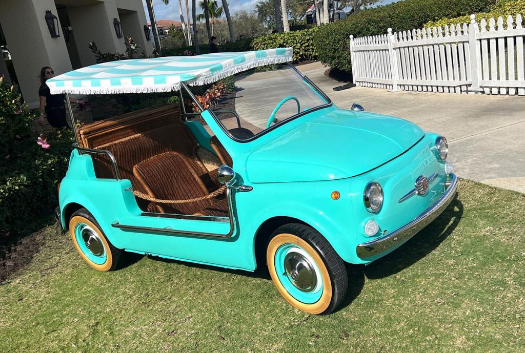 972 Fiat 500 Jolly convertible in Tiffany Blue with a fringed Surrey top. Photo by Howard Walker