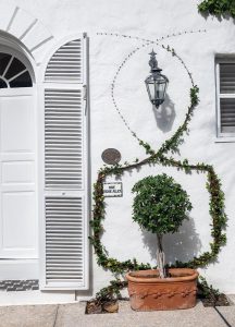 While Major Alley homeowners cannot alter the exterior paint, Betsy Shiverick installed a jasmine espalier near the front door. Photo by Jerry Rabinowitz