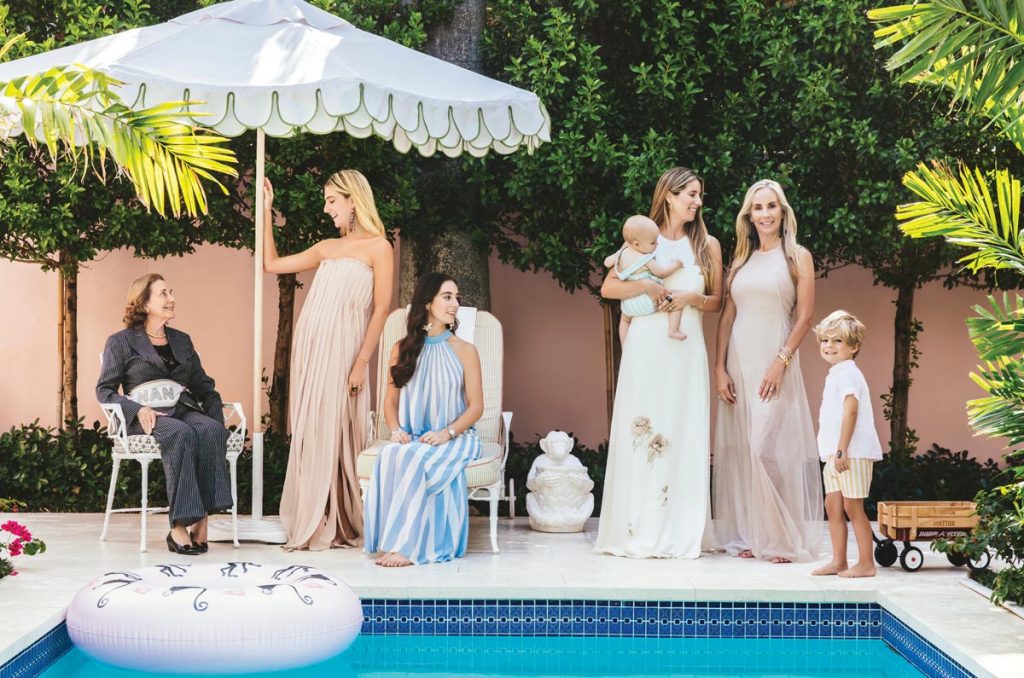 Rebecca Bell Rogers (aka Nan), Lilly Sisto, Rebecca Sisto, Alexandra Sisto Daniel with baby Sawyer and 4-year-old Wilder, and Laing Rogers. Photo by Nick Mele; Shot on location at the Cabana Bungalow, The Colony Hotel, Palm Beach