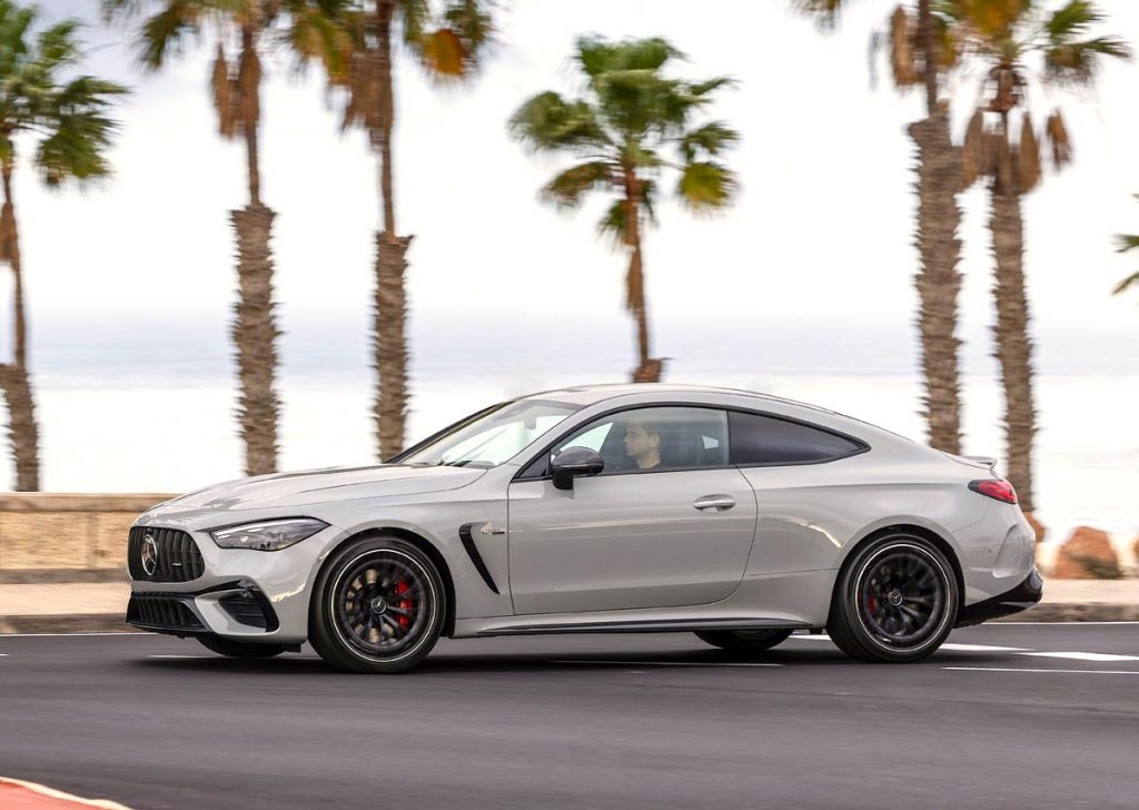 The Mercedes-AMG CLE 53 Coupe boasts a long hood with twin power domes. Photo courtesy of Mercedes-Benz