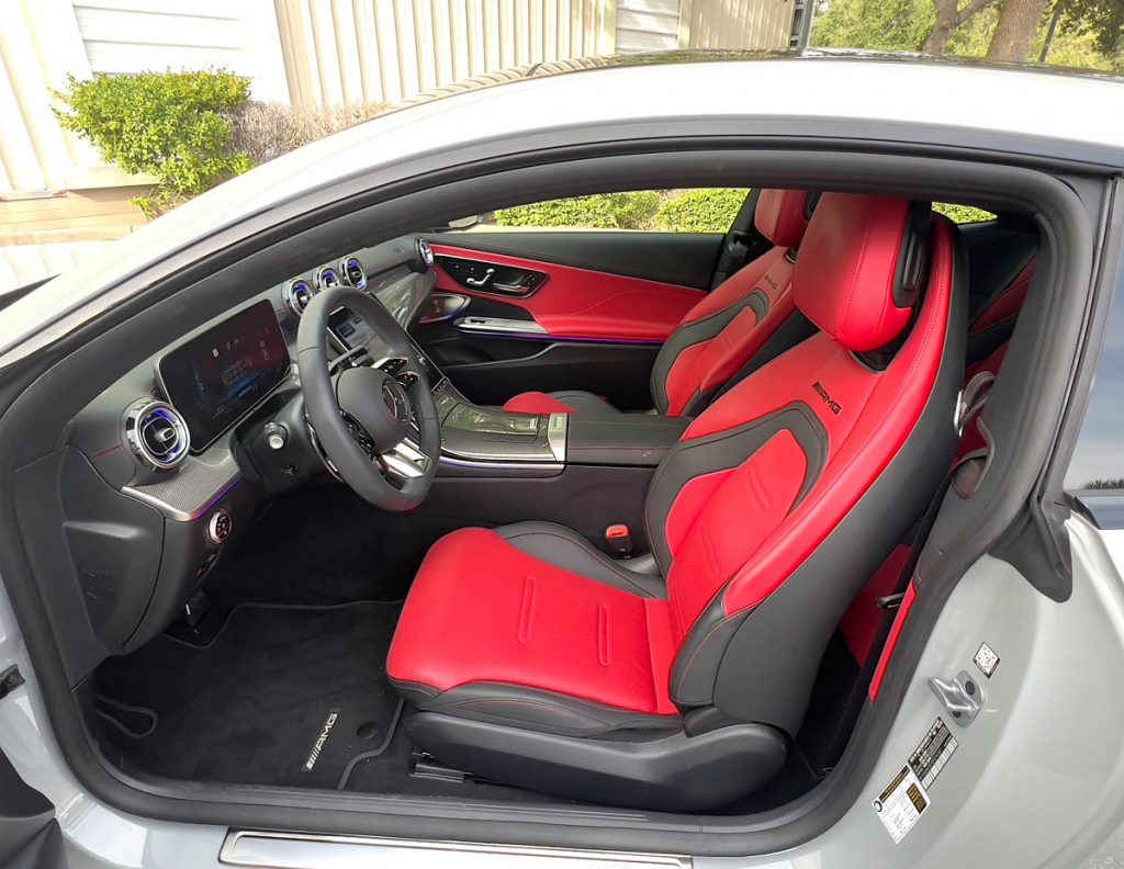 The Mercedes-AMG body-hugging front sports seats in red and black Nappa leather. Photo by Howard Walker
