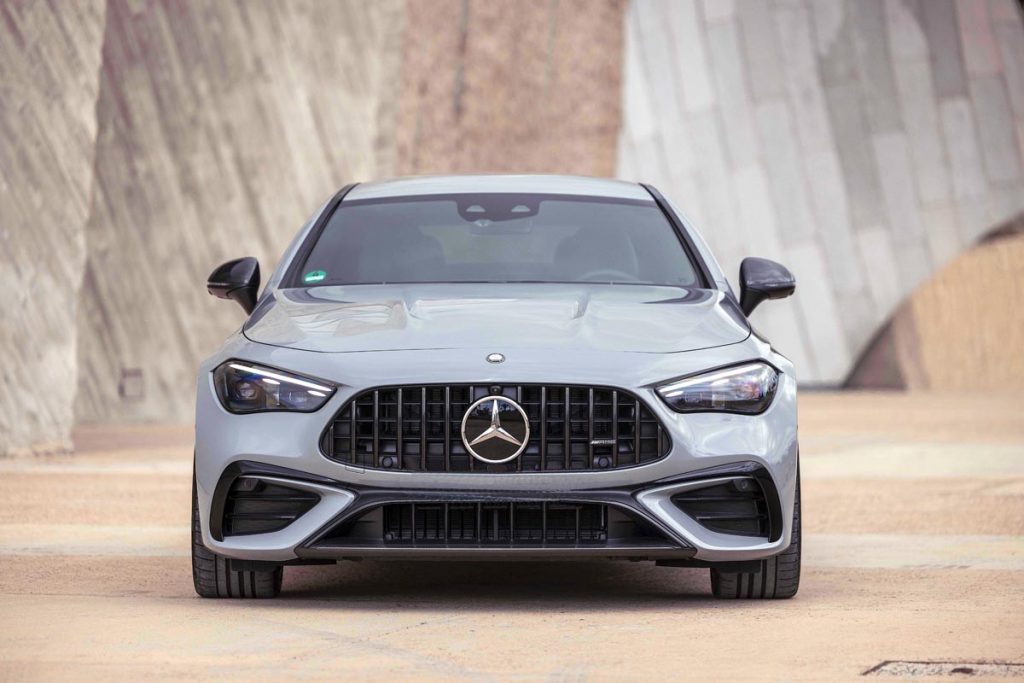 The shark-nose front end and oversize grille on the Mercedes-AMG CLE 53 Coupe. Photo courtesy of Mercedes-Benz