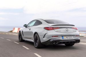 The tailgate spoiler, oval tailpipes, and fender air vents stand out on the Mercedes-AMG CLE 53 Coupe. Photo courtesy of Mercedes-Benz