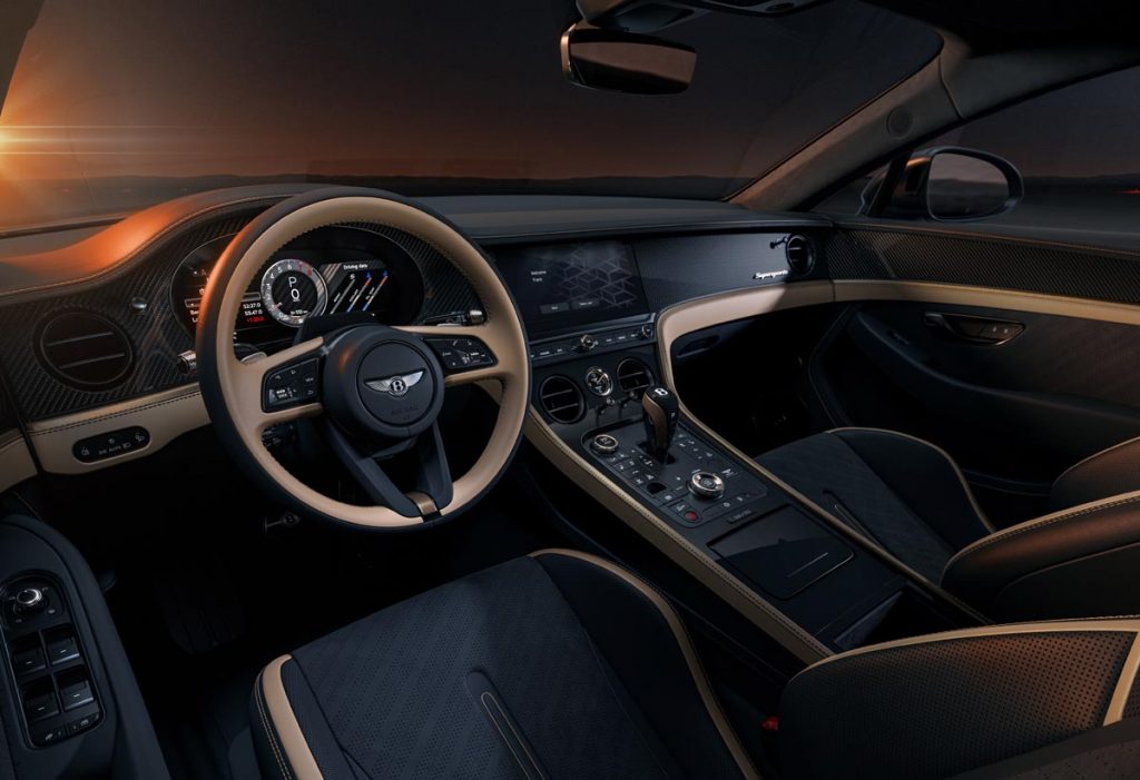 A stunning high-gloss carbon fiber dash sports the Supersports logo. Photo courtesy of Bentley