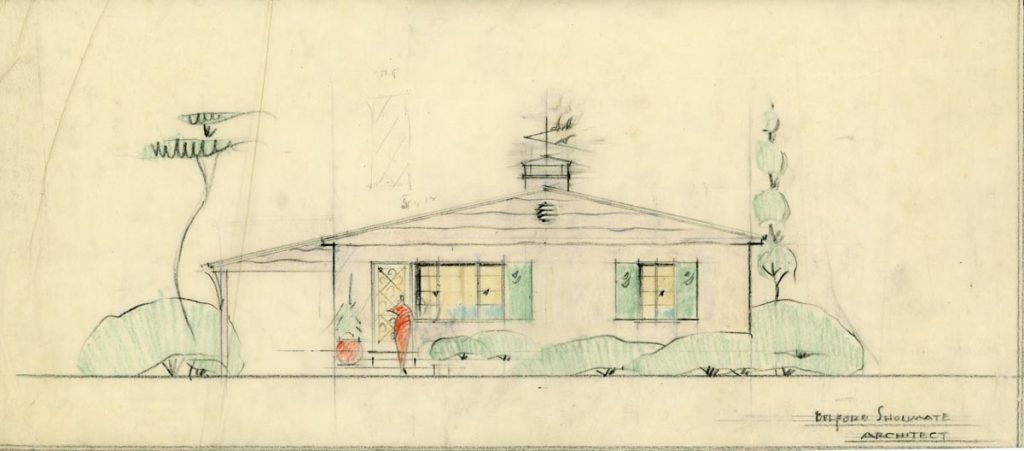 Pastel rendering by Palm Beach architect Belford Shoumate depicting the exterior of a potential proposed house for the Architects' Small House Bureau. From the Belford Shoumate Collection, Preservation Foundation of Palm Beach Archives.
