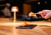 Torched Ora King Salmon and Ama Ebi at Moody Tongue Sushi. Photo by ZAGA Media
