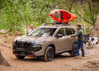 Rocky Road: 2026 Nissan Rogue Rock Creek The thick, black-painted tubular roof rack is ideal for strapping down a kayak or two. Photo courtesy of Nissan