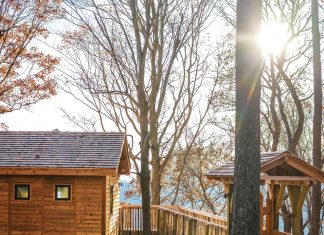 Take to the Woods at The Lodge at Primland The Mountain Top Tree Houses are crafted of red cedar to blend into the landscape. Photo by Keelyn Costello, Keelyn Costello Media, Chris Lammert Photography, and Lammert Co.