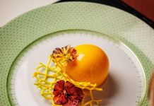 The Golden Saigon features mango mousse with makrut lime curd, coconut crunch, and vanilla sablé Breton. Photo by Connor Stehr
