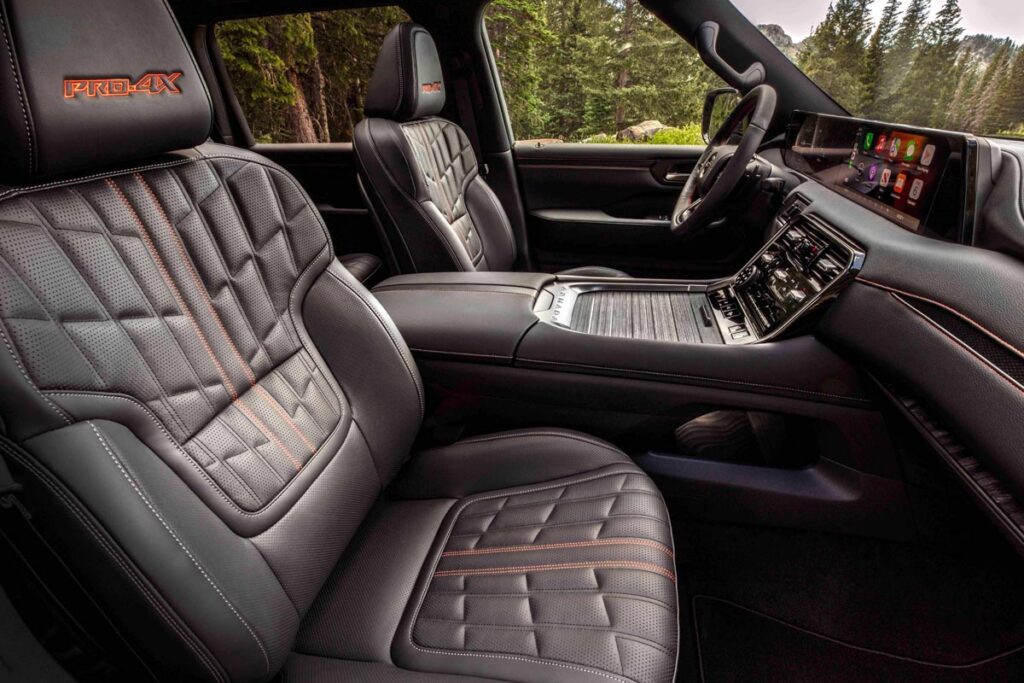A sea of leather with cool, orangey-red stitching and quilted padding in the Armada Pro-4X. Photo courtesy of Nissan