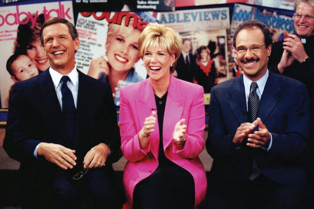 Lunden’s last day at GMA, with Charlie Gibson and Spencer Christian. Photo courtesy of Joan Lunden