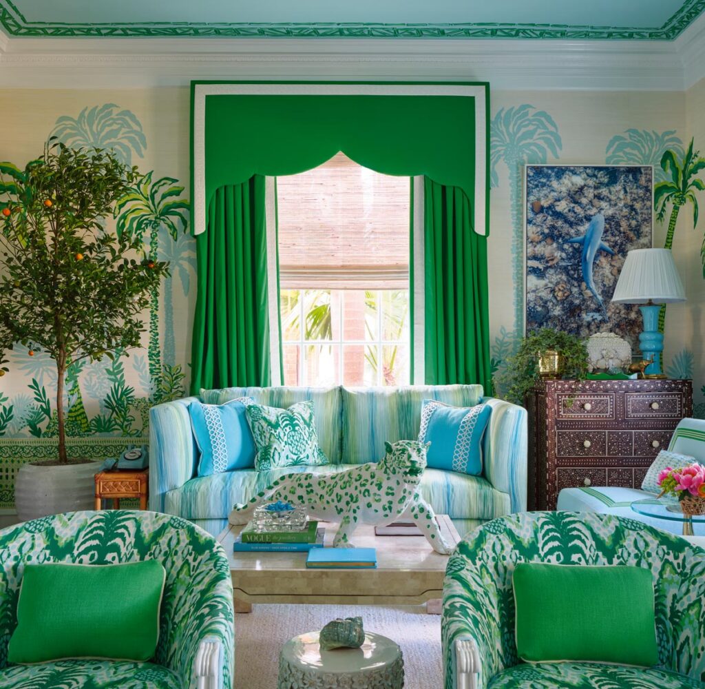 Amanda Reynal of West Palm Beach designed this room in collaboration with Lilly Pulitzer for the 2025 Kips Bay Decorator Show House Palm Beach