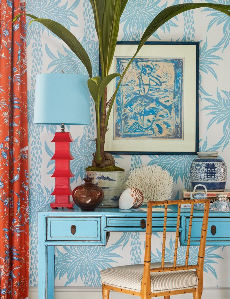 From a house in Vero Beach, it was assembled through a collaboration between designer Amanda Lindroth and Meg Braff Designs wallpaper for Veranda magazine