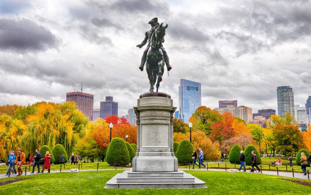 On firm ground, revel in the colors of fall around Boston Public Garden. Photo by Kyle Klein