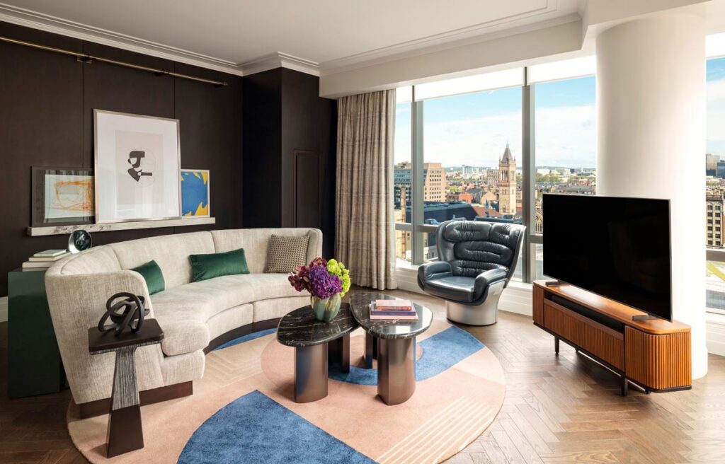 Relax in a Premier Suite living room. Photo courtesy of Raffles Boston