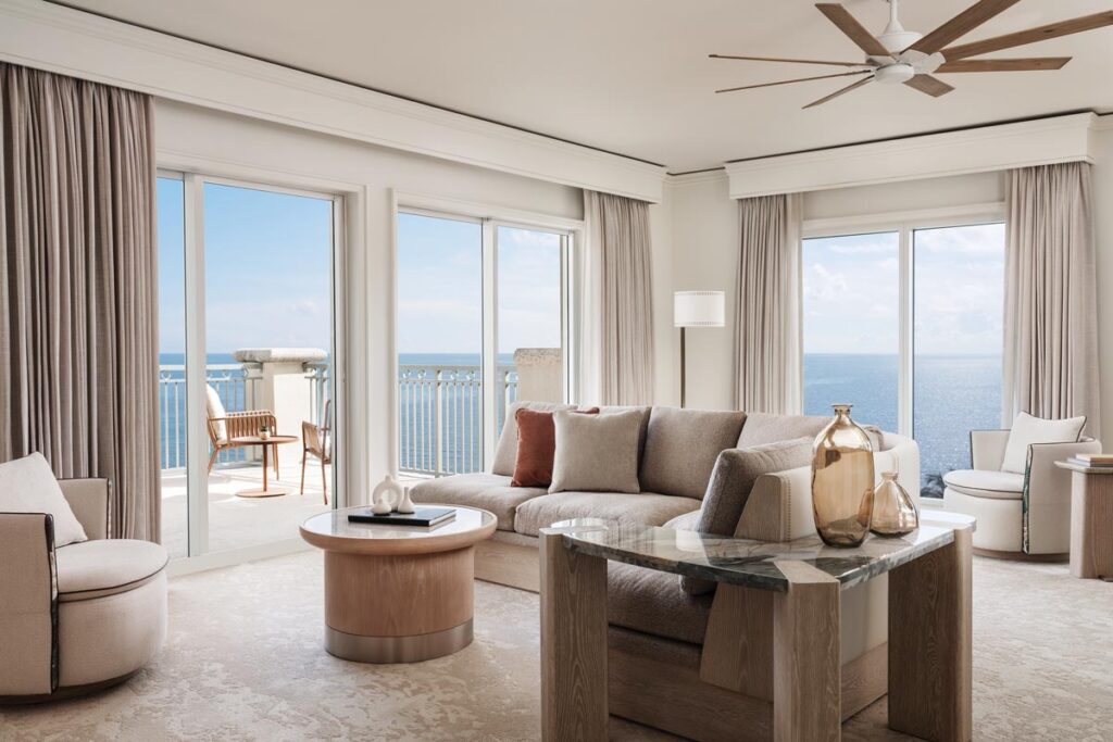 Suite designs lean on organic materials and the sea-and-sand palette beyond the massive-scale windows. Photo courtesy of The Ritz-Carlton Key Biscayne, Miami