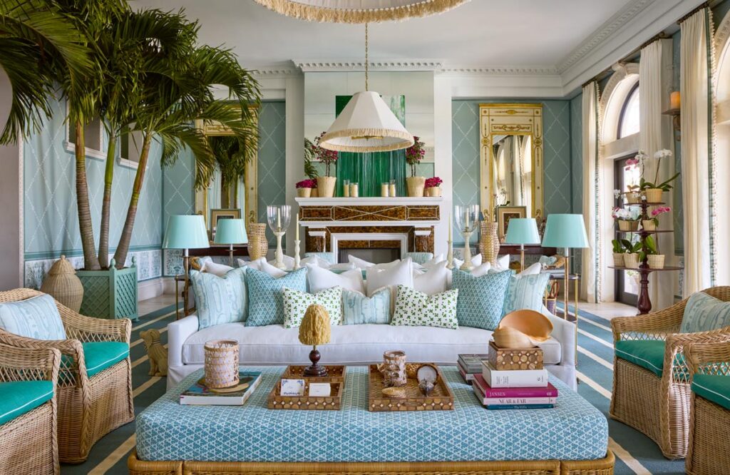 This living room was designed by Amanda Lindroth for the 2023 Kips Bay Decorator Show House Palm Beach
