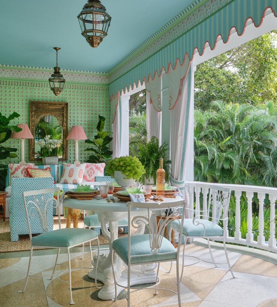 This second-floor patio, featured in the 2025 Kips Bay Decorator Show House Palm Beach and designed by Amal Kapen with Kravet, was “a fun and happy place,” Brantley says
